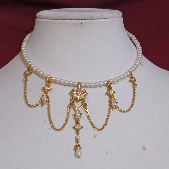Handmade Vintage Faux Pearl Choker Necklace Gold Dangle Rhinestone Adjustable - Picture 10 of 10